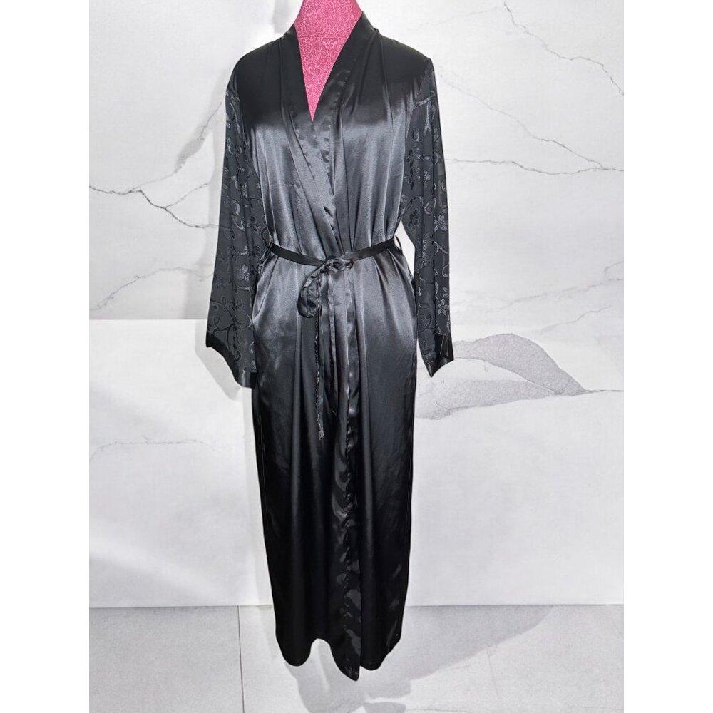 Nine & Company Long Satin Kimono Robe With Patterned Sleeves